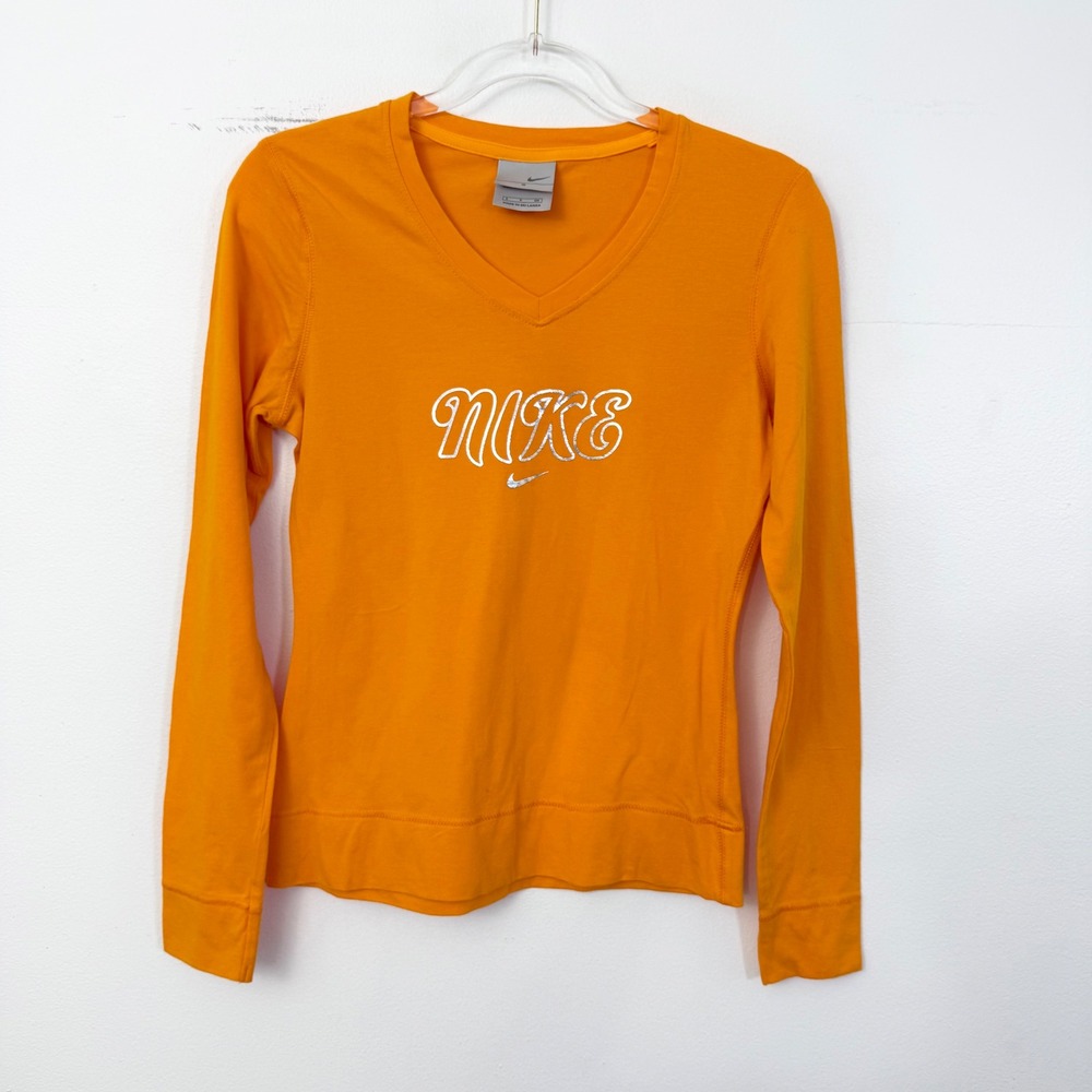 Vintage Y2K Nike Orange Embroidered Logo V-Neck Long Sleeve Top Size Small